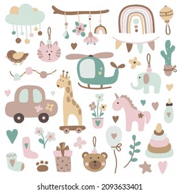 Hand drawn kids vector set of kids elements - rainbows, baby toys, clouds, flowers, vehicles. Layout for designing cards, header, invitations, patterns. Vector nursery illustrations isolated on white 