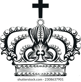Hand drawn King Crown Decorative with Cross (Editable) - Vector Illustration