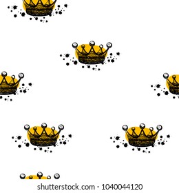 Hand drawn King crown seamless pattern on the white background. Vintage engraved illustration. Element for design logo, emblem and tattoo. Coloring book for girly princess, kids and adults. 