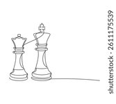 Hand drawn king and queen chess pieces vector. One line continuous drawing. Board game illustration. Abstract linear silhouette icon. Minimal print, banner, card, wall art poster, logo, sign, symbol.