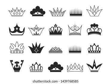 Hand drawn kings and queens crown silhouettes and outlines collection. Imperial diadems. Vintage royal heraldic symbols.