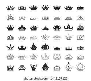 Hand drawn kings and queens crown silhouettes and outlines collection. Imperial diadems. Vintage royal heraldic symbols. Luxury branding elements.