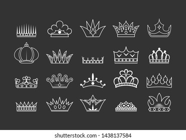 Hand drawn kings and queens crowns collection. Vintage royal heraldic outlines.