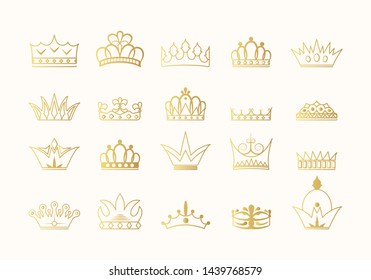 Hand drawn kings and queens golden crown silhouettes collection. Vintage royal gold heraldic symbols. Imperial icons.