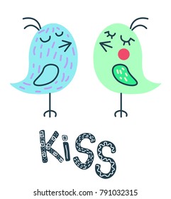 Hand drawn "KISS" and 2 birds illustration. Animals in love, couple of animals. Valentine's day, flowers, gifts, presents. Print, Scandinavian pattern design,  postcard. Cute, childish, kids, children