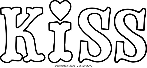 Hand drawn Kiss word outline.
Valentine kiss text vector.
Transparent background.
