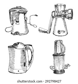 Hand drawn Kitchen appliances set. Isolated on a white background