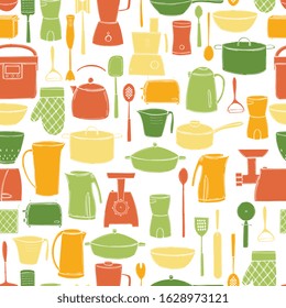 Hand drawn kitchen appliances and utensils for cooking.Vector seamless pattern