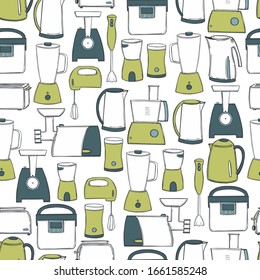 Hand drawn kitchen appliances. Vector seamless pattern