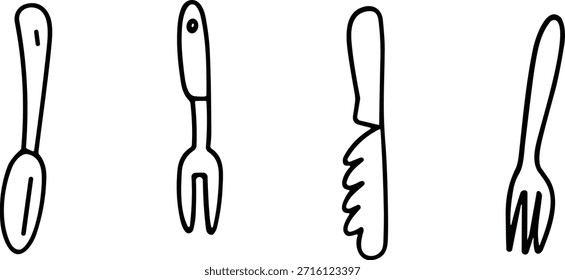 Talheres de cozinha desenhados à mão Set, conceito culinário