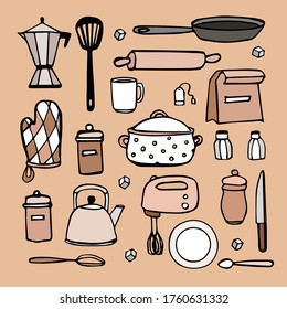 Hand drawn kitchen doodle set