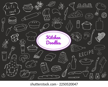 conjunto de doodle de cocina a mano, comida y bebida, restaurante y cocina, cocina y fondo de fiesta. ilustración de dibujos animados