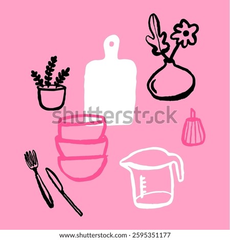 Hand drawn kitchen doodle set, pink background with bowls, cutting board, flowers and kitchen tools. Vector template of cooking utencils.