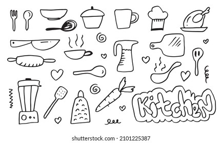 Hand drawn kitchen doodles icon set. cooking tools and kitchen icon collection. Vector illustration.