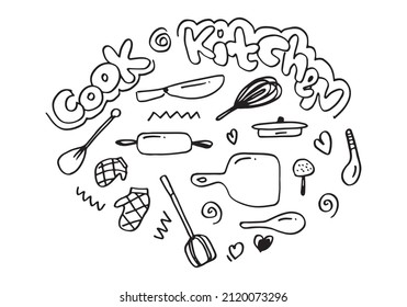 Hand drawn kitchen doodles icon set. cooking tools and kitchen icon collection. Vector illustration.