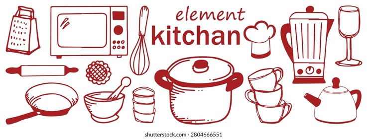 Hand drawn kitchen elements and appliances doodle vector set