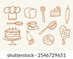 Hand Drawn Kitchen Elements Line Art. A set of 12 hand-drawn kitchen elements, featuring various cooking and baking tools, food items, and dessert icons, in a minimalistic line art style