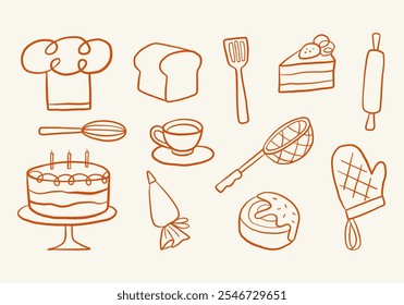 Elementos de cozinha desenhados à mão Line Art. Um conjunto de 12 elementos de cozinha desenhados à mão, com várias ferramentas de cozimento e cozimento, itens de comida e ícones de sobremesa, em um estilo de arte de linha minimalista