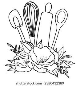 Hand drawn of kitchen equipment  with flowers. Vector illustration art.