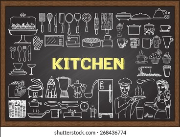 Hand drawn kitchen equipment on chalkboard. Doodles or elements for restaurant design.