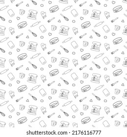 Hand drawn kitchen equipment seamless pattern. Dough making tools outline background