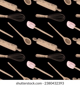 Hand drawn of kitchen equipment. Seamless pattern illustration.