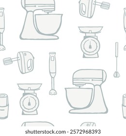 Hand drawn kitchen equipment seamless pattern