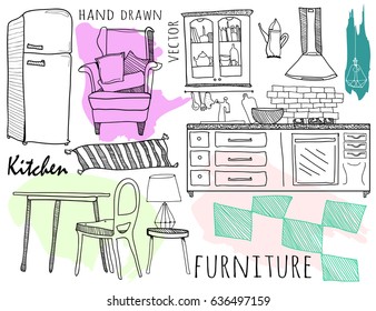 Hand drawn kitchen furniture. Colored graphic vector set