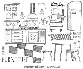 Hand drawn kitchen furniture. Graphic vector collection