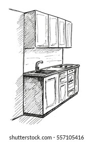 Hand drawn kitchen furniture. Sketch. Vector illustration. Plan kitchen.