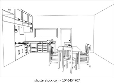 Hand drawn kitchen furniture. Vector illustration in sketch style. vector illustration kitchen furniture and equipment.
