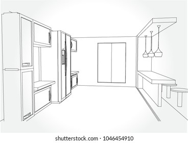Hand drawn kitchen furniture. Vector illustration in sketch style. vector illustration kitchen furniture and equipment.

