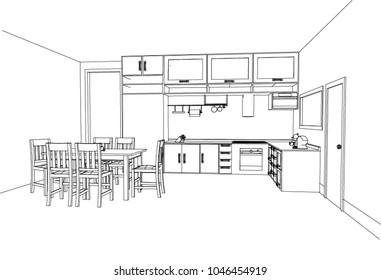 Hand drawn kitchen furniture. Vector illustration in sketch style. vector illustration kitchen furniture and equipment.
