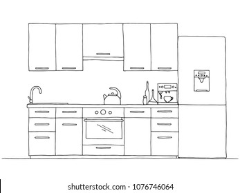 Hand drawn kitchen furniture. Vector illustration in sketch style