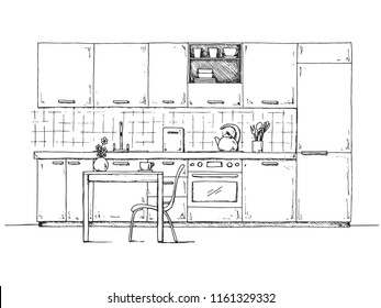 Hand drawn kitchen furniture. Vector illustration in sketch style.