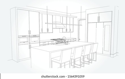 Hand drawn kitchen furniture. Vector illustration in sketch style. vector illustration kitchen furniture and equipment.
