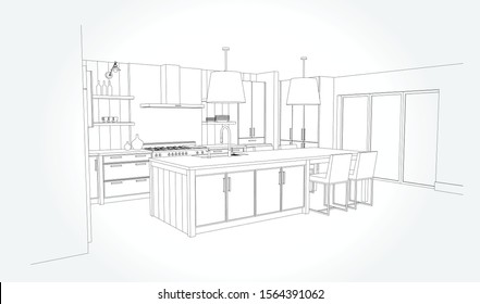 Hand drawn kitchen furniture. Vector illustration in sketch style. vector illustration kitchen furniture and equipment.
