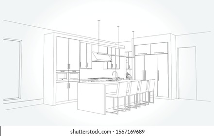 Hand drawn kitchen furniture. Vector illustration in sketch style. vector illustration kitchen furniture and equipment.
