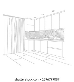 Hand drawn kitchen furniture. Vector illustration in sketch style. vector illustration kitchen furniture and equipment.