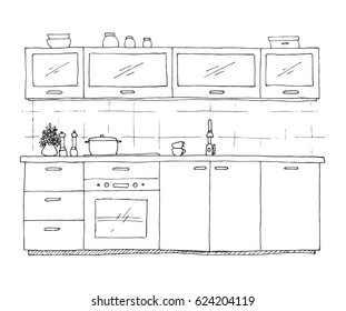 Hand drawn kitchen furniture. Vector illustration in sketch style