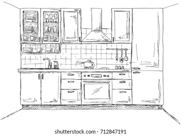 Hand drawn kitchen furniture. Vector illustration in sketch style