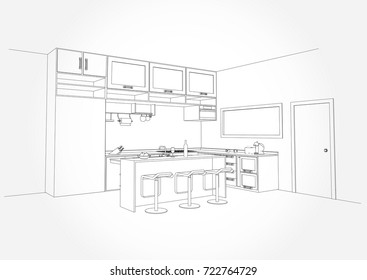 Linear Sketch Interior Sketch Line Dining Stock Vector (Royalty Free ...