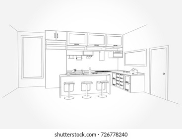 Hand drawn kitchen furniture. Vector illustration in sketch style. vector illustration kitchen furniture and equipment.