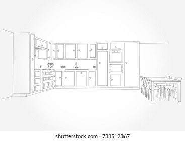 Hand drawn kitchen furniture. Vector illustration in sketch style. vector illustration kitchen furniture and equipment.