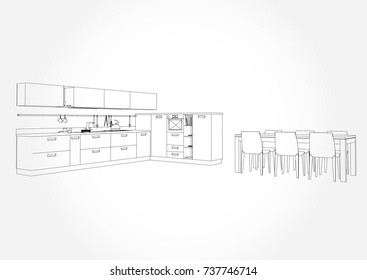 Hand drawn kitchen furniture. Vector illustration in sketch style. vector illustration kitchen furniture and equipment.