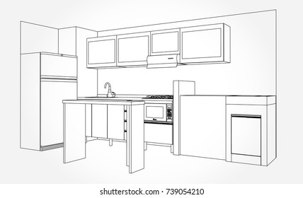 Hand drawn kitchen furniture. Vector illustration in sketch style. vector illustration kitchen furniture and equipment.
