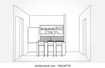 Hand drawn kitchen furniture. Vector illustration in sketch style. vector illustration kitchen furniture and equipment.