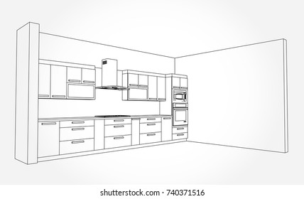 Hand drawn kitchen furniture. Vector illustration in sketch style. vector illustration kitchen furniture and equipment.