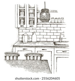 Hand drawn kitchen interior with dining table and chairs