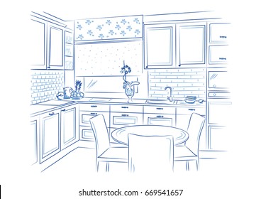 Hand drawn kitchen interior sketch design. Vector illustration 